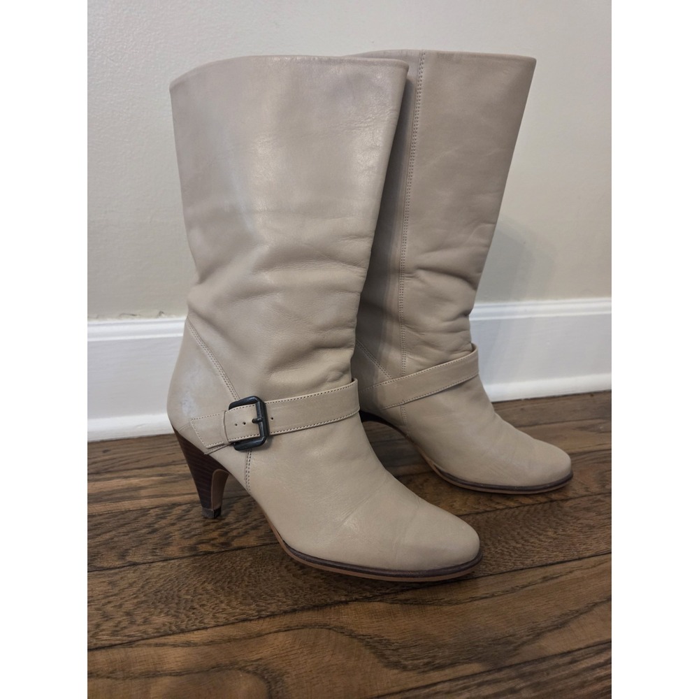 Vtg Nine West Leather Boots Women's 7 Mid‎ Calf Taupe Elevated Classy Pull On